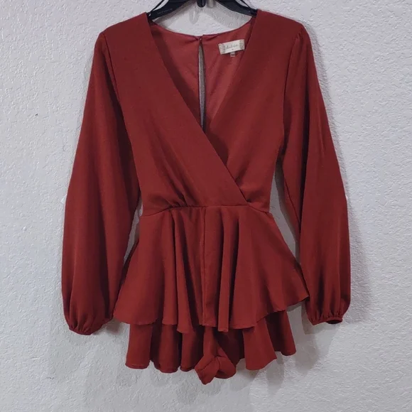 Altar'd State Rust Long Sleeve Peplum Jumpsuit. - Picture 4 of 17